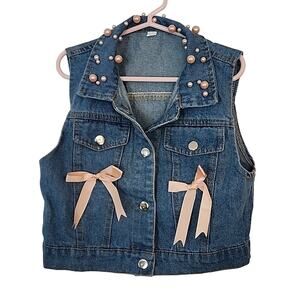 Denim Vest with Pink Bows and Faux Pearls